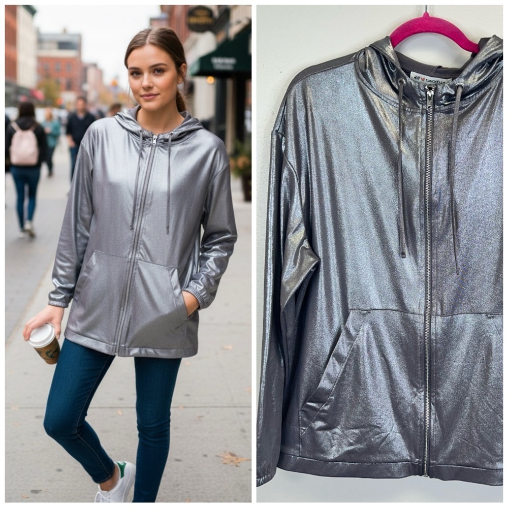 Metallic Gray Hooded Bomber Jacket XL 2X Futuristic Festival Pockets‎ Coachella
